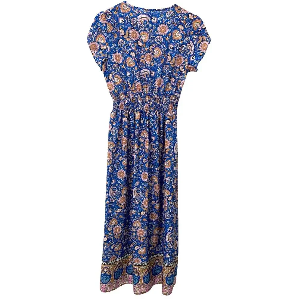 Emery Rose Floral Paisley Maxi Dress Boho Tulip Sleeve Blue Pink - Picture 3 of 11